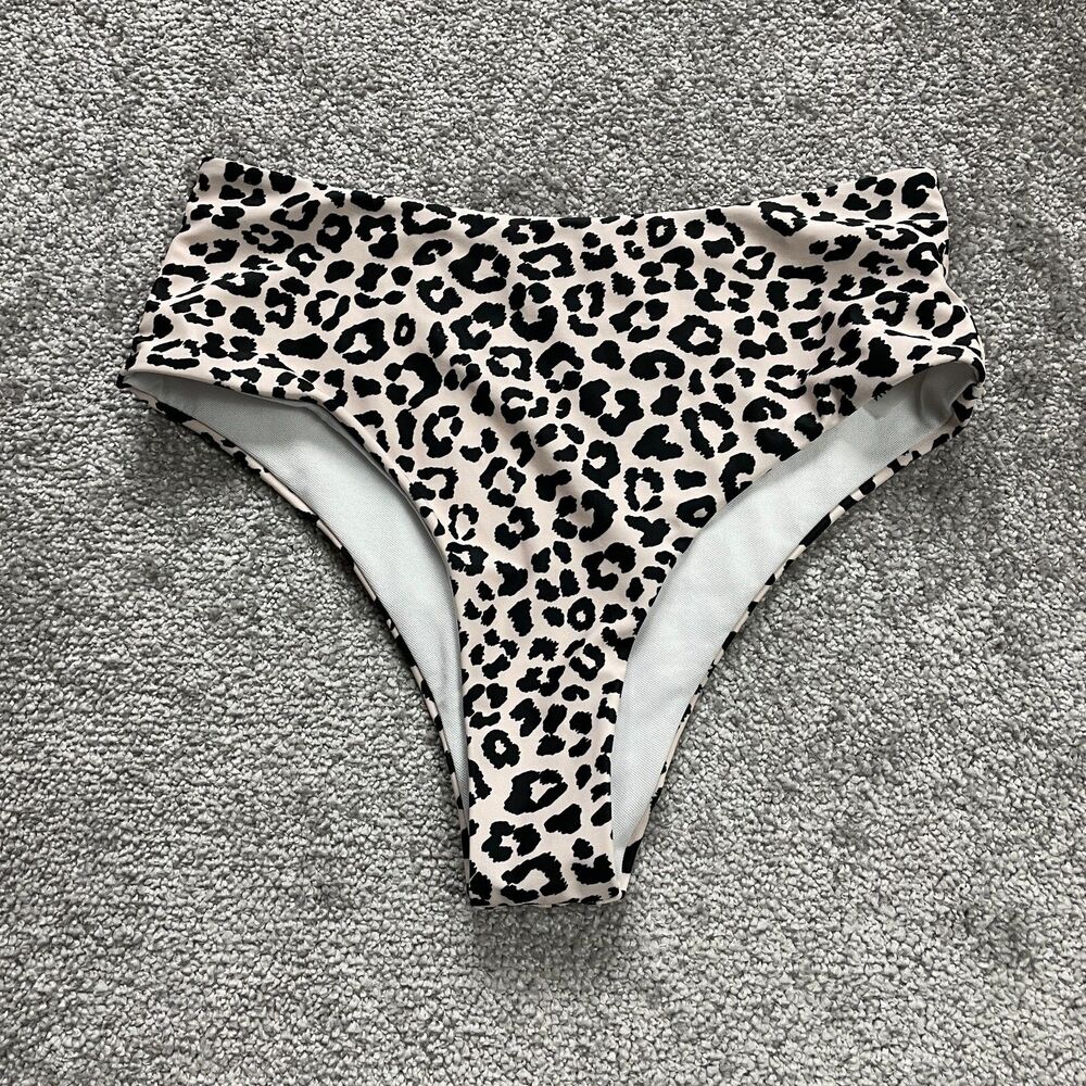 Shein Swimwear Bikini Bottom Womens Small Beige Black Leopard High Rise Beach